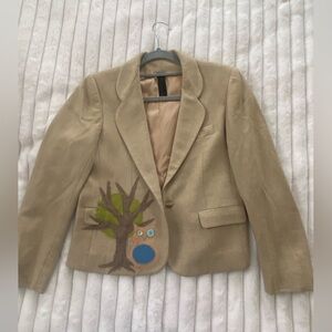 Tan Blazer with Tree Appliqué wool fabric warm and stylish